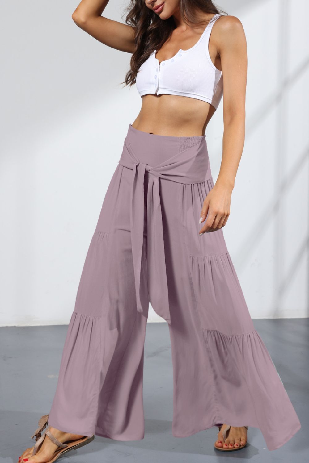 Tie Front Smocked Tiered Culottes-Teresa&#39;s Fashionista LLC