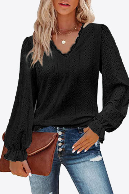 Eyelet V-Neck Flounce Sleeve Blouse-Teresa&#39;s Fashionista LLC