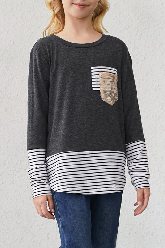 Girls Striped Color Block Sequin Pocket Top-Teresa&#39;s Fashionista LLC