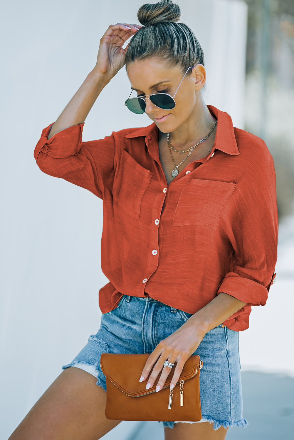 Button-Up Shirt with Breast Pockets-Teresa&#39;s Fashionista LLC