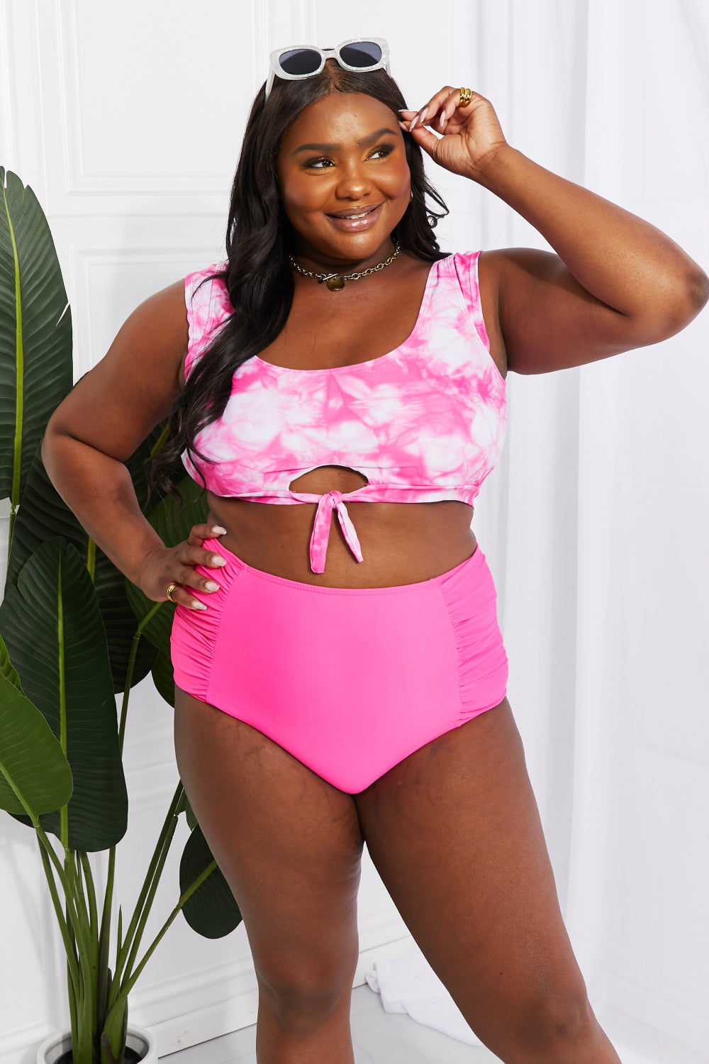 Marina West Swim Sanibel Crop Swim Top and Ruched Bottoms Set in Pink-Teresa&#39;s Fashionista LLC