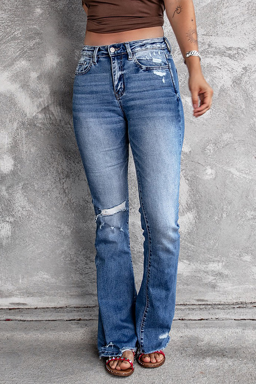 Distressed Flared Jeans with Pockets-Teresa&#39;s Fashionista LLC