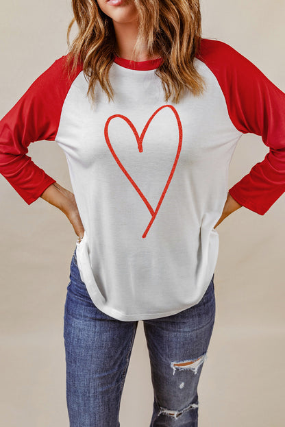 Contrast Baseball Sleeve Heart Graphic Top-Teresa&#39;s Fashionista LLC