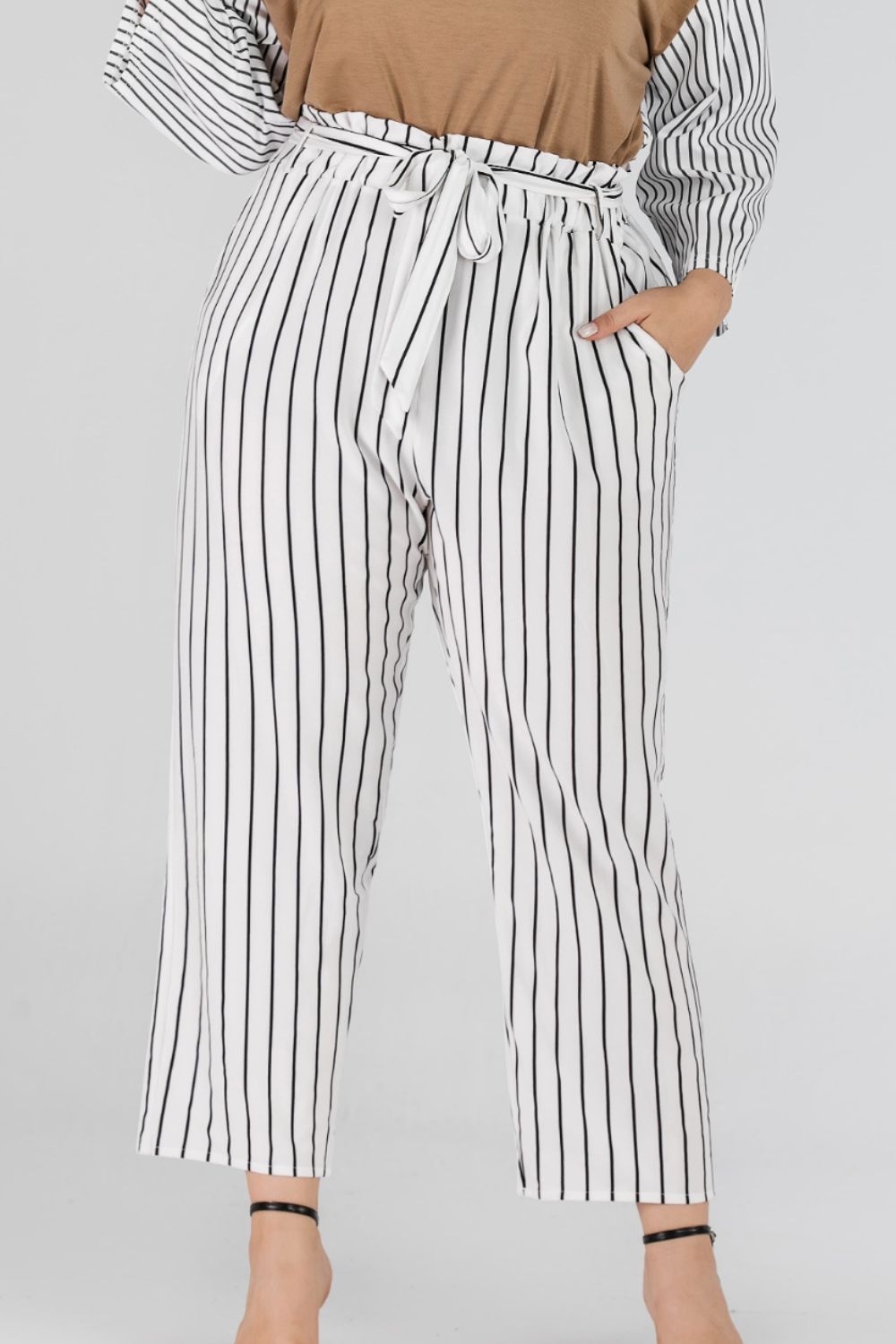 Full Size Striped Paperbag Waist Cropped Pants-Teresa&#39;s Fashionista LLC