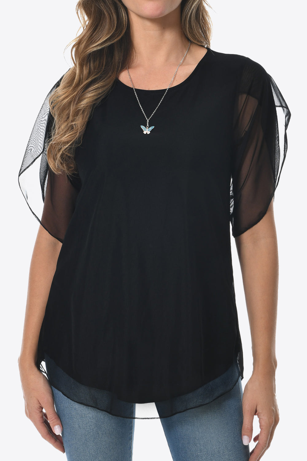 Round Neck Curved Hem Blouse-Teresa&#39;s Fashionista LLC