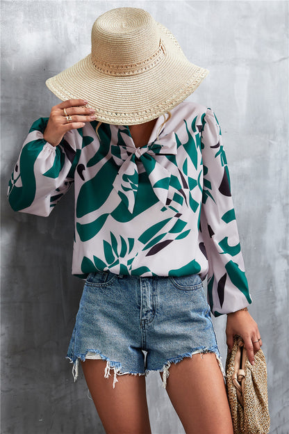 Printed Tie Neck Puff Sleeve Blouse-Teresa&#39;s Fashionista LLC