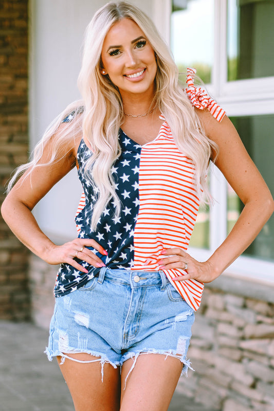 Star and Stripe V-Neck Bow Detail Tank-Teresa&#39;s Fashionista LLC