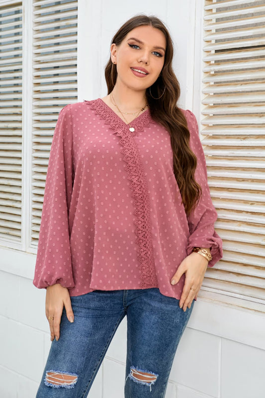 Plus Size Lace Trim V-Neck Balloon Sleeve Blouse-Teresa&#39;s Fashionista LLC