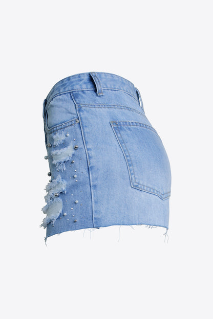 Full Size Distressed Bead Denim Shorts-Teresa&#39;s Fashionista LLC