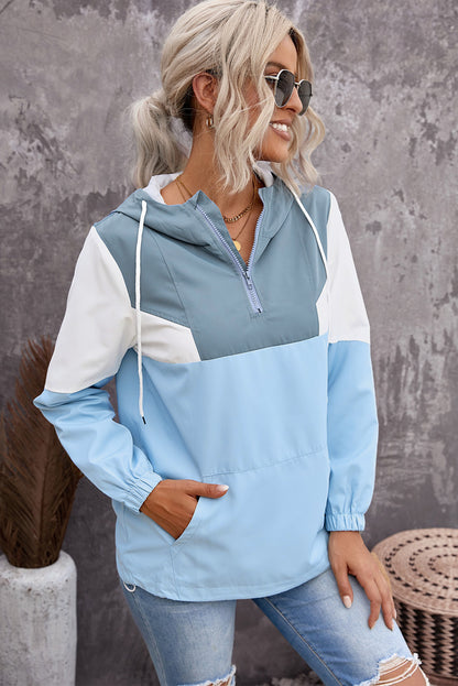 Color Block Quarter-Zip Drawstring Hoodie-Teresa&#39;s Fashionista LLC