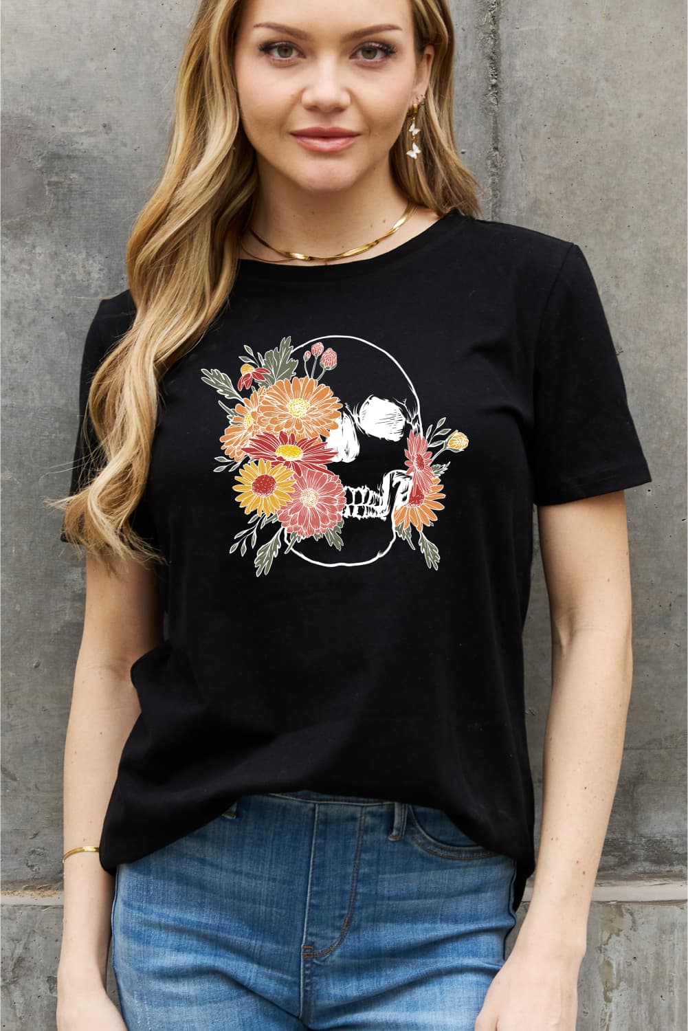 Simply Love Full Size Flower Skull Graphic Cotton Tee-Teresa&#39;s Fashionista LLC