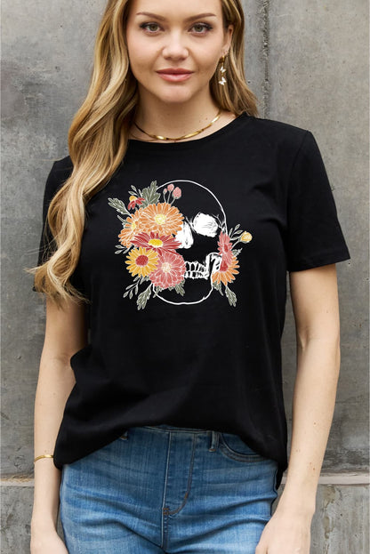 Simply Love Full Size Flower Skull Graphic Cotton Tee-Teresa&#39;s Fashionista LLC