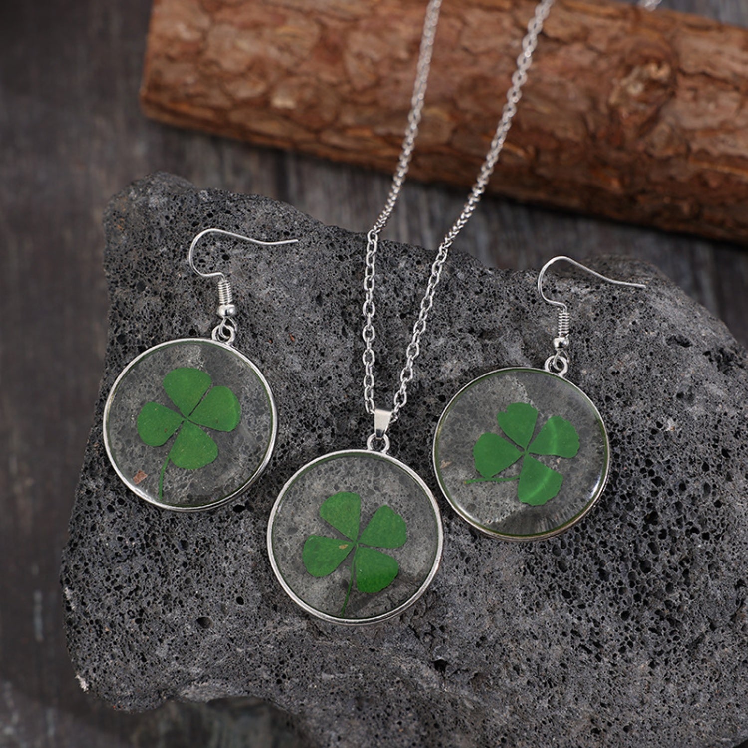 Lucky Clover Alloy Acrylic Earrings and Necklace Jewelry Set-Teresa&#39;s Fashionista LLC