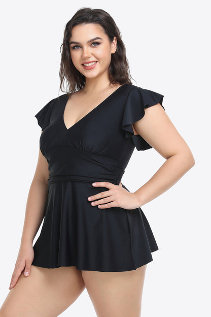 Plus Size Ruffled Plunge Swim Dress and Bottoms Set-Teresa&#39;s Fashionista LLC