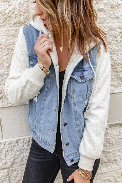 Two-Tone Spliced Denim Sherpa Hooded Jacket-Teresa&#39;s Fashionista LLC