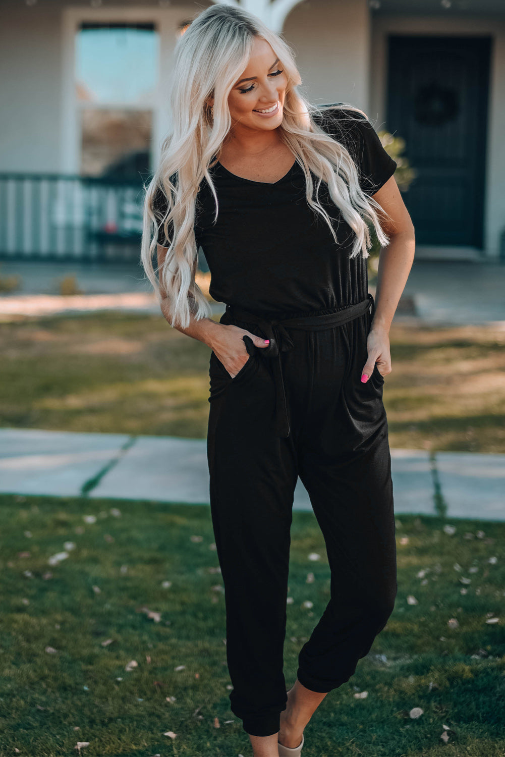 Belted V-Neck Jogger Jumpsuit-Teresa&#39;s Fashionista LLC