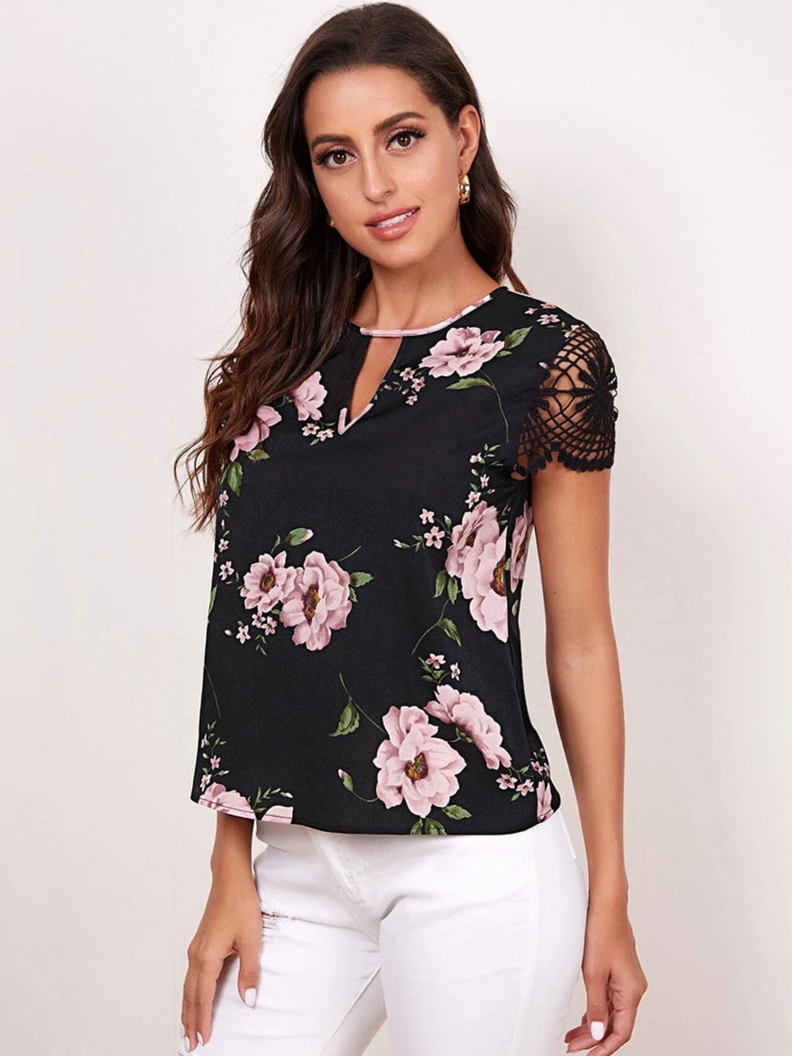 Floral Cutout Round Neck Blouse-Teresa&#39;s Fashionista LLC