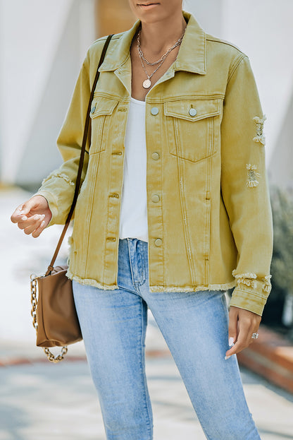 Distressed Raw Hem Denim Jacket-Teresa&#39;s Fashionista LLC