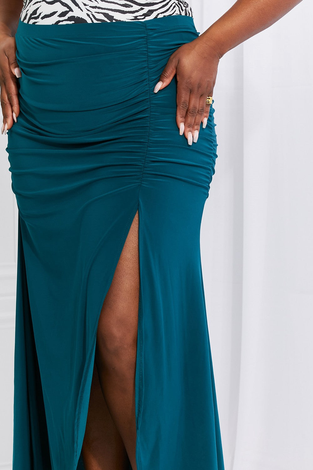 White Birch Full Size Up and Up Ruched Slit Maxi Skirt in Teal-Teresa&#39;s Fashionista LLC