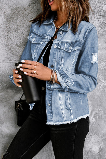 Distressed Raw Hem Denim Jacket-Teresa&#39;s Fashionista LLC