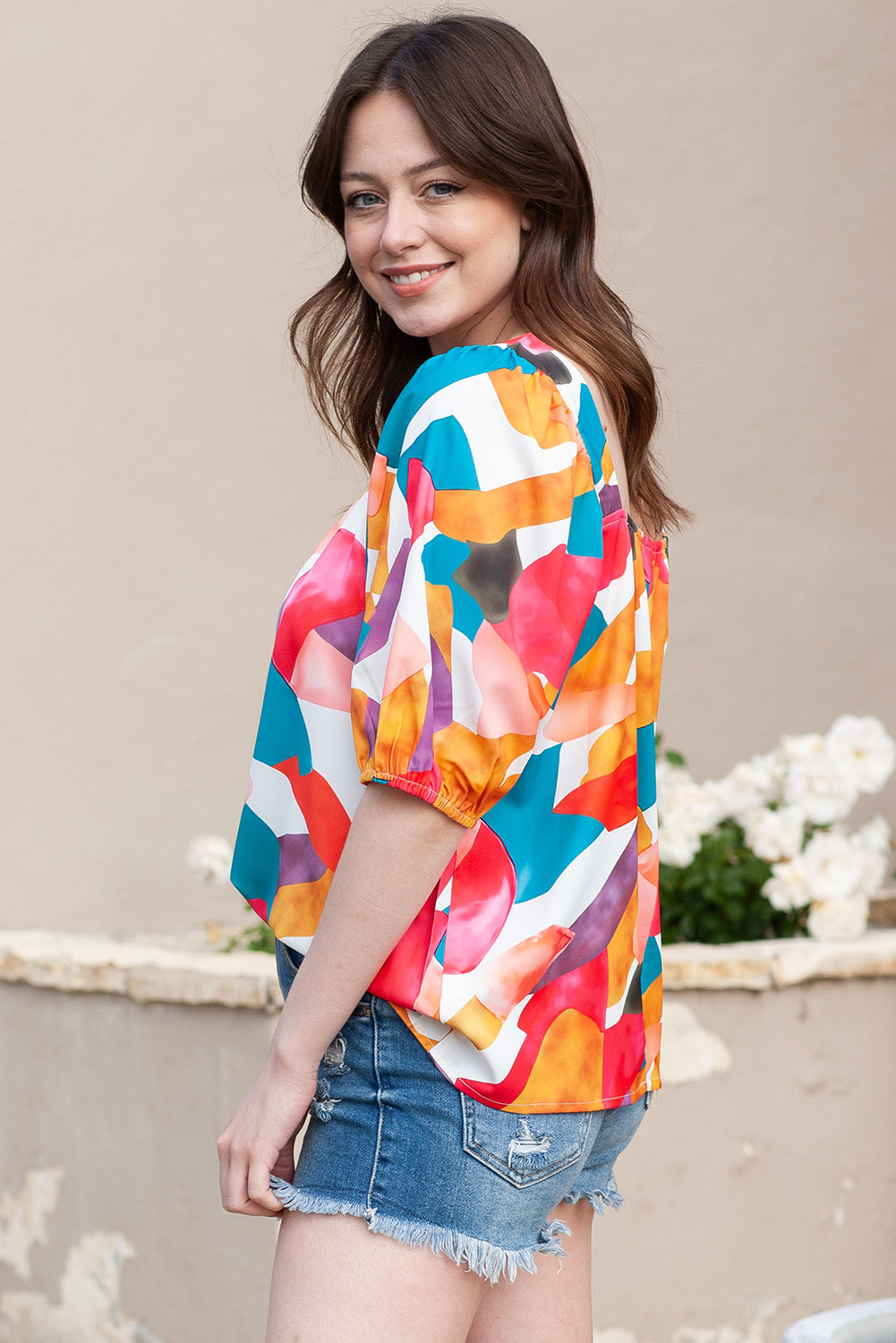 Printed Square Neck Half Sleeve Top-Teresa&#39;s Fashionista LLC