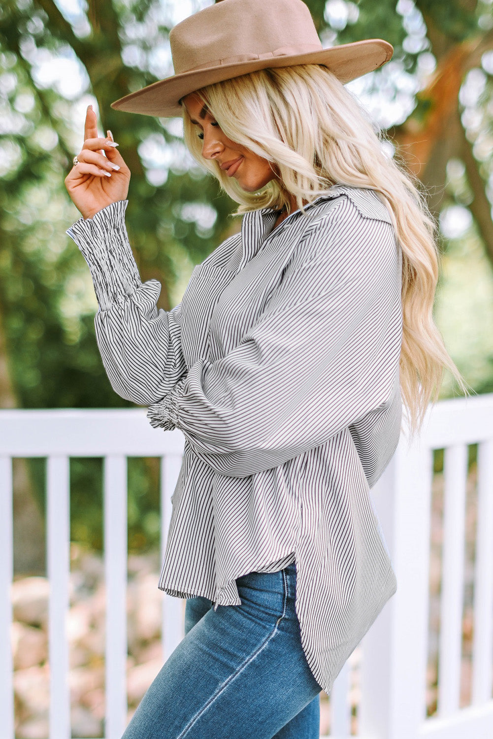 Striped Lantern Sleeve Collared Shirt-Teresa&#39;s Fashionista LLC