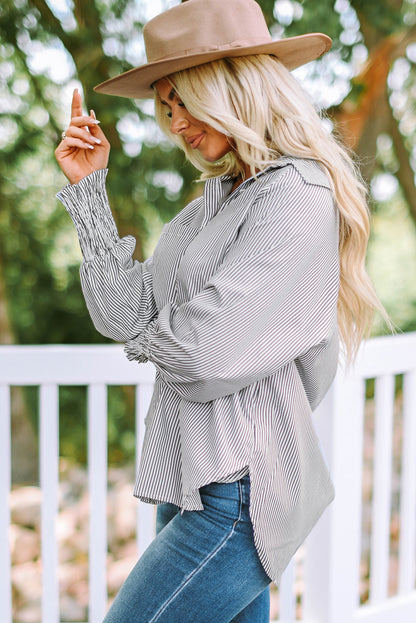 Striped Lantern Sleeve Collared Shirt-Teresa&#39;s Fashionista LLC