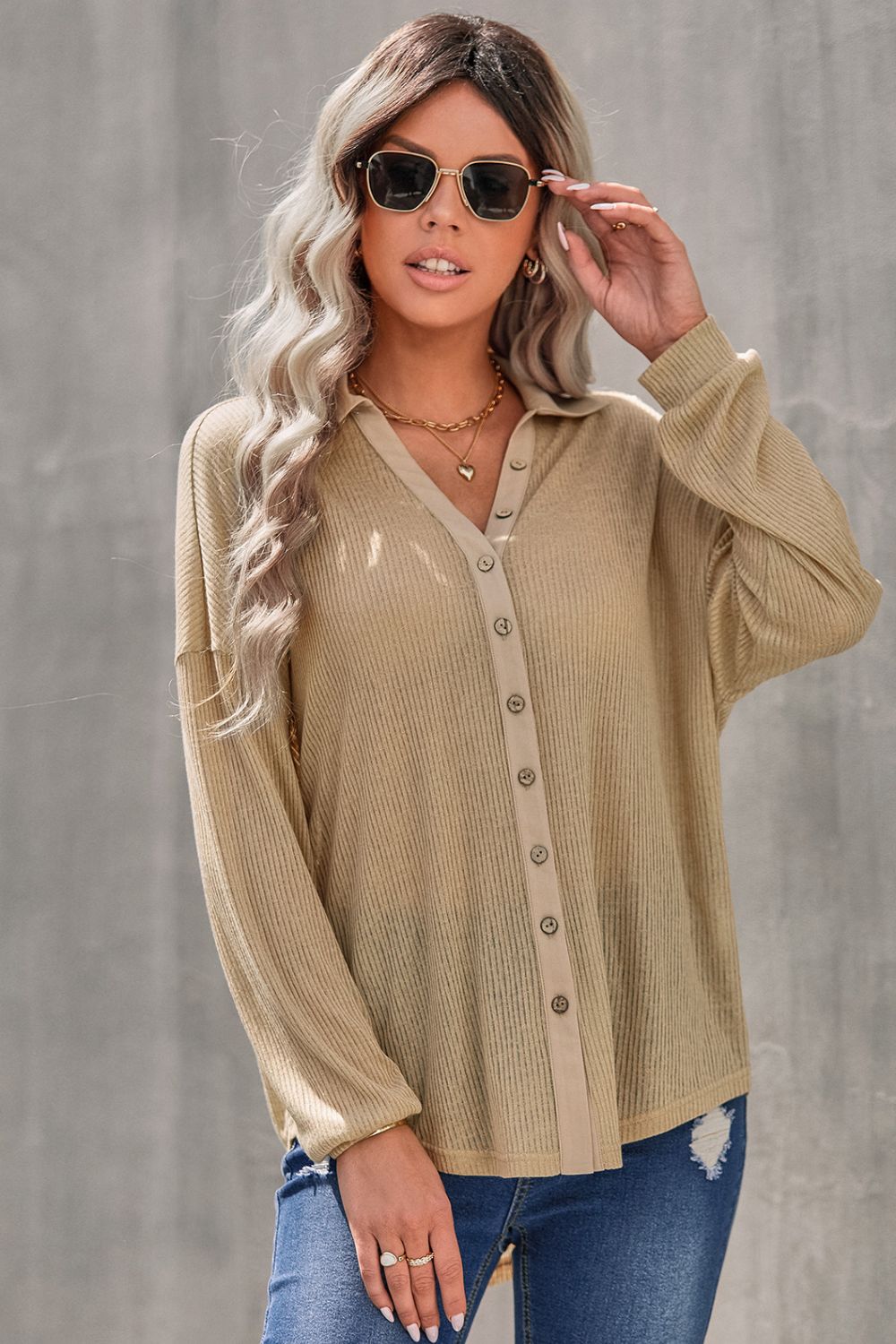 Button Front Dropped Shoulder Knit Shirt-Teresa&#39;s Fashionista LLC