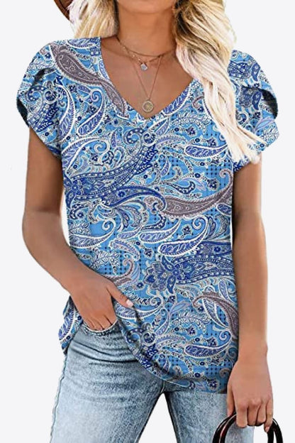 Printed Petal Sleeve V-Neck Blouse-Teresa&#39;s Fashionista LLC