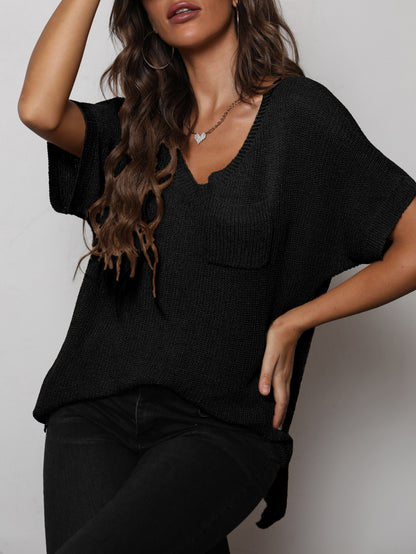 V-Neck Slit High-Low Knit Top-Teresa&#39;s Fashionista LLC