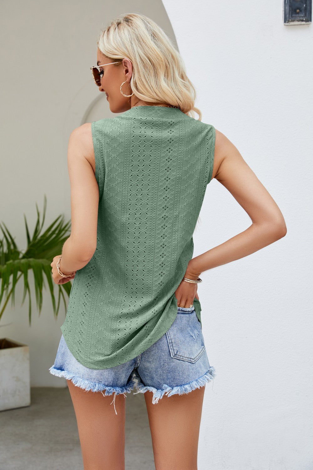 Notched Neck Curved Hem Eyelet Tank-Teresa&#39;s Fashionista LLC