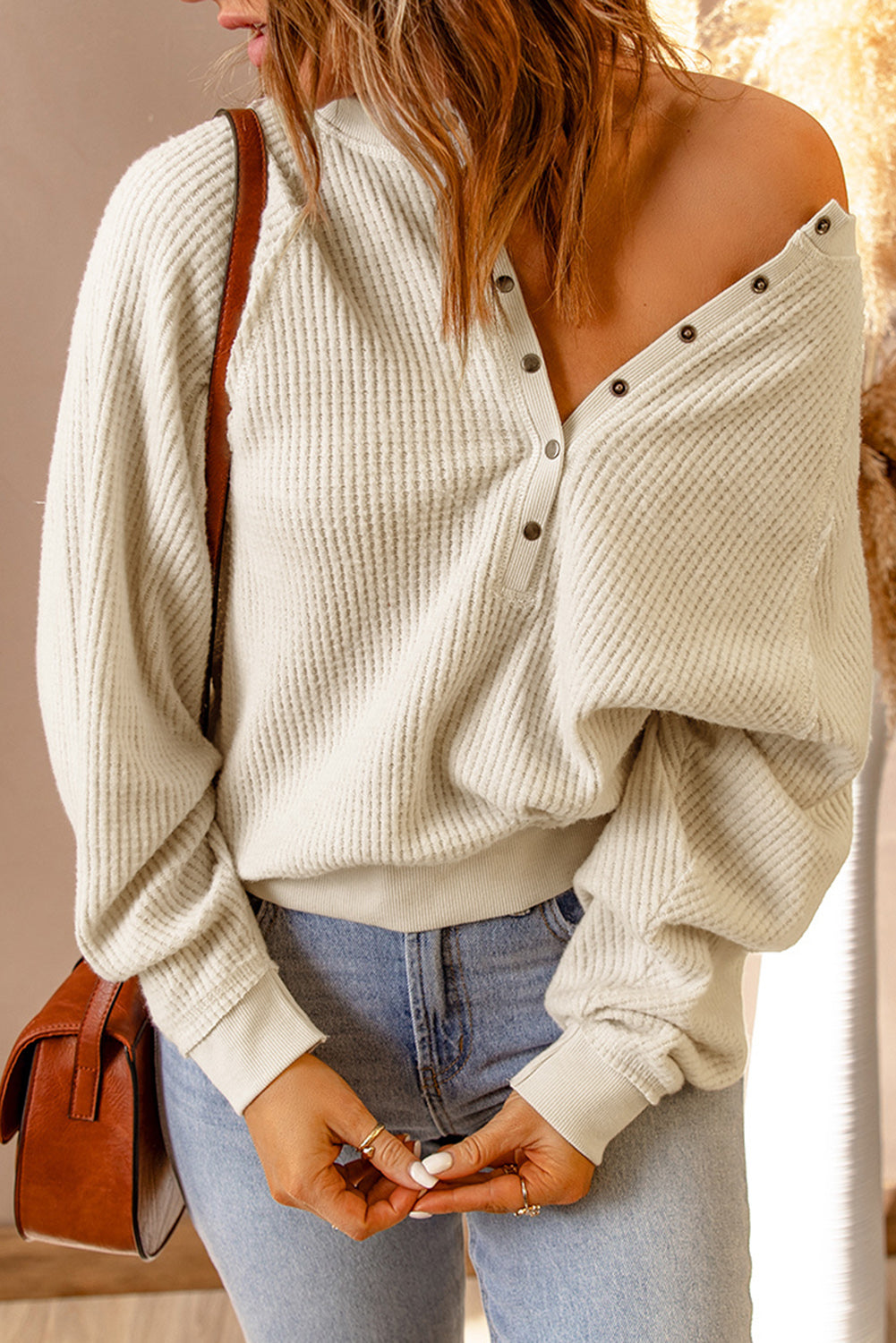 Snap Front Raglan Sleeve Waffle-Knit Top-Teresa&#39;s Fashionista LLC