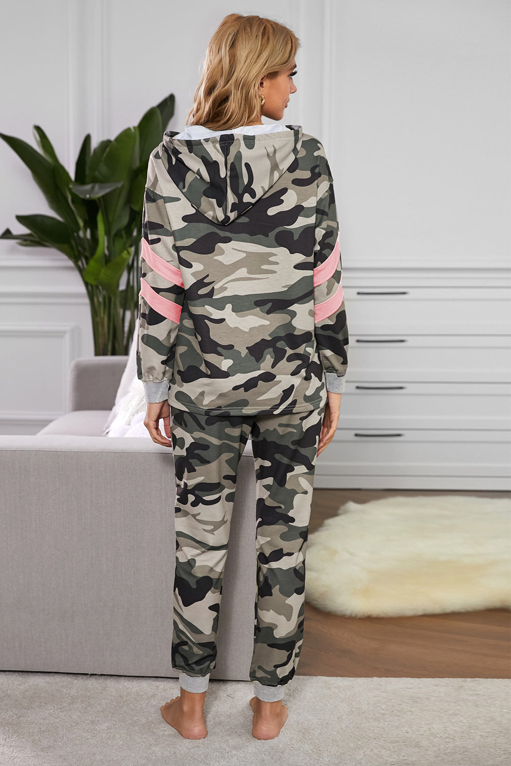 Camouflage Contrast Detail Hoodie and Joggers Lounge Set-Teresa&#39;s Fashionista LLC