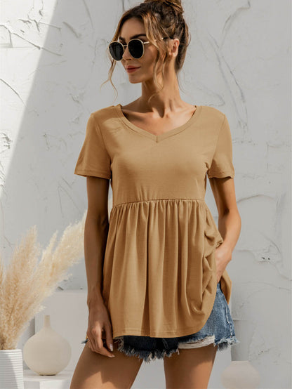 V-Neck Short Sleeve Babydoll Top-Teresa&#39;s Fashionista LLC