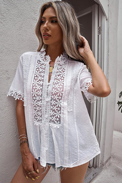 Buttoned Spliced Lace Blouse-Teresa&#39;s Fashionista LLC