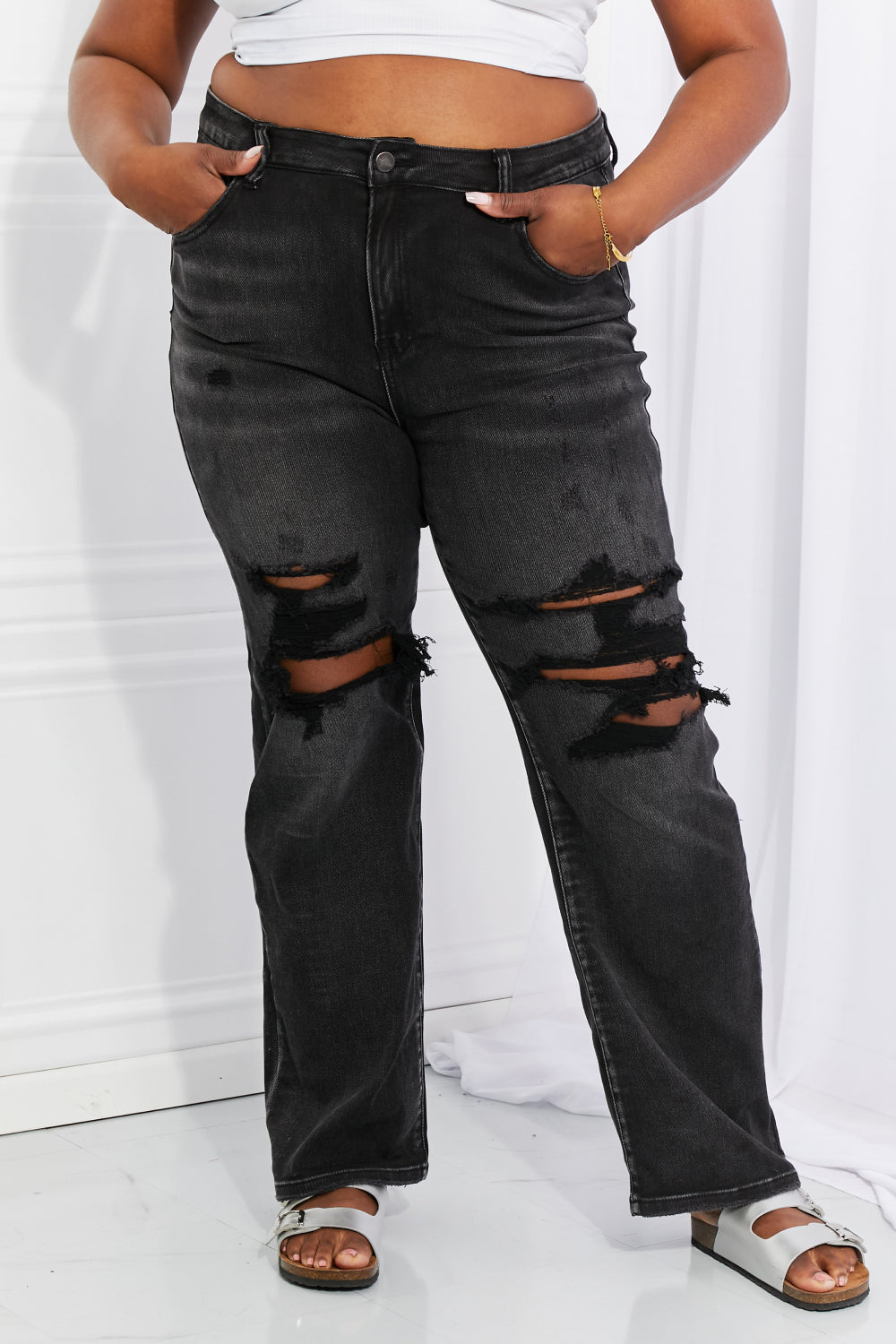 RISEN Full Size Lois Distressed Loose Fit Jeans-Teresa&#39;s Fashionista LLC