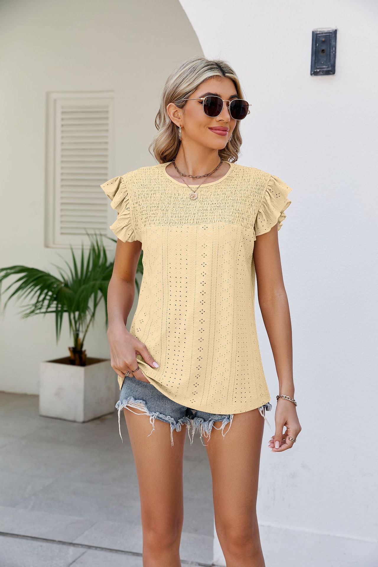 Smocked Round Neck Flutter Sleeve Top-Teresa&#39;s Fashionista LLC