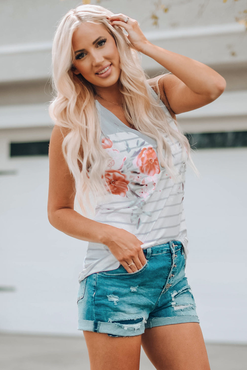 Mixed Print Buttoned V-Neck Tank-Teresa&#39;s Fashionista LLC