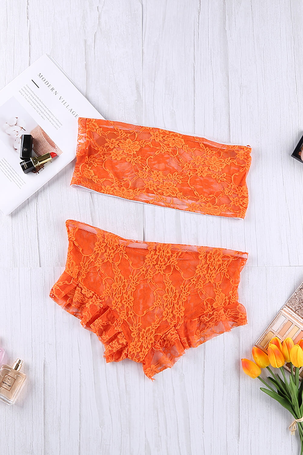 Lace Tube Top and Frill Trim Panty Lingerie Set-Teresa&#39;s Fashionista LLC