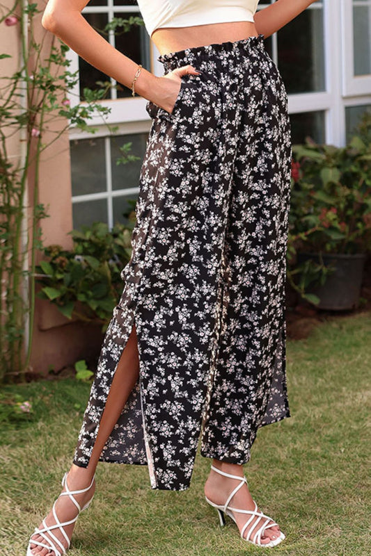 Floral Paperbag Waist Slit Ankle Wide Leg Pants-Teresa&#39;s Fashionista LLC