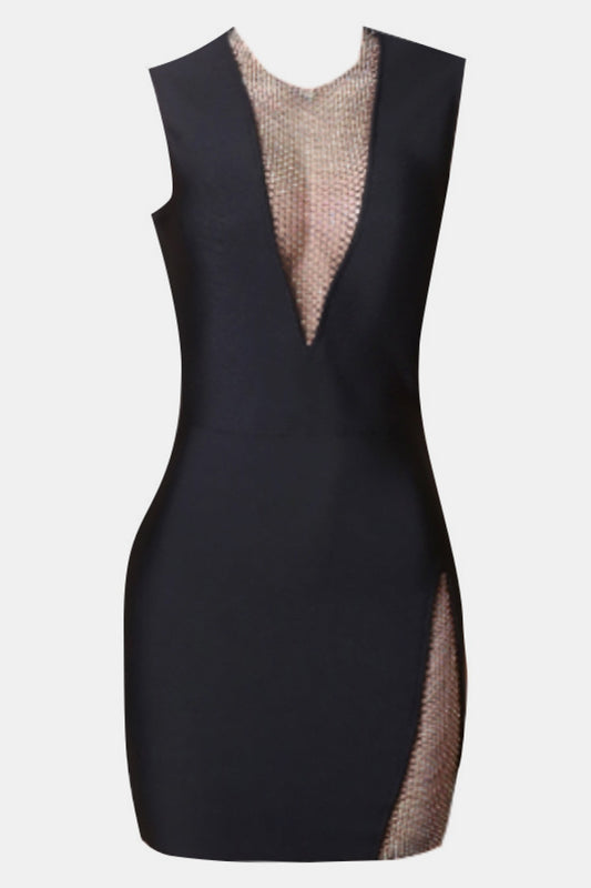 Rhinestone Detail Spliced Mesh Sleeveless Dress-Teresa&#39;s Fashionista LLC