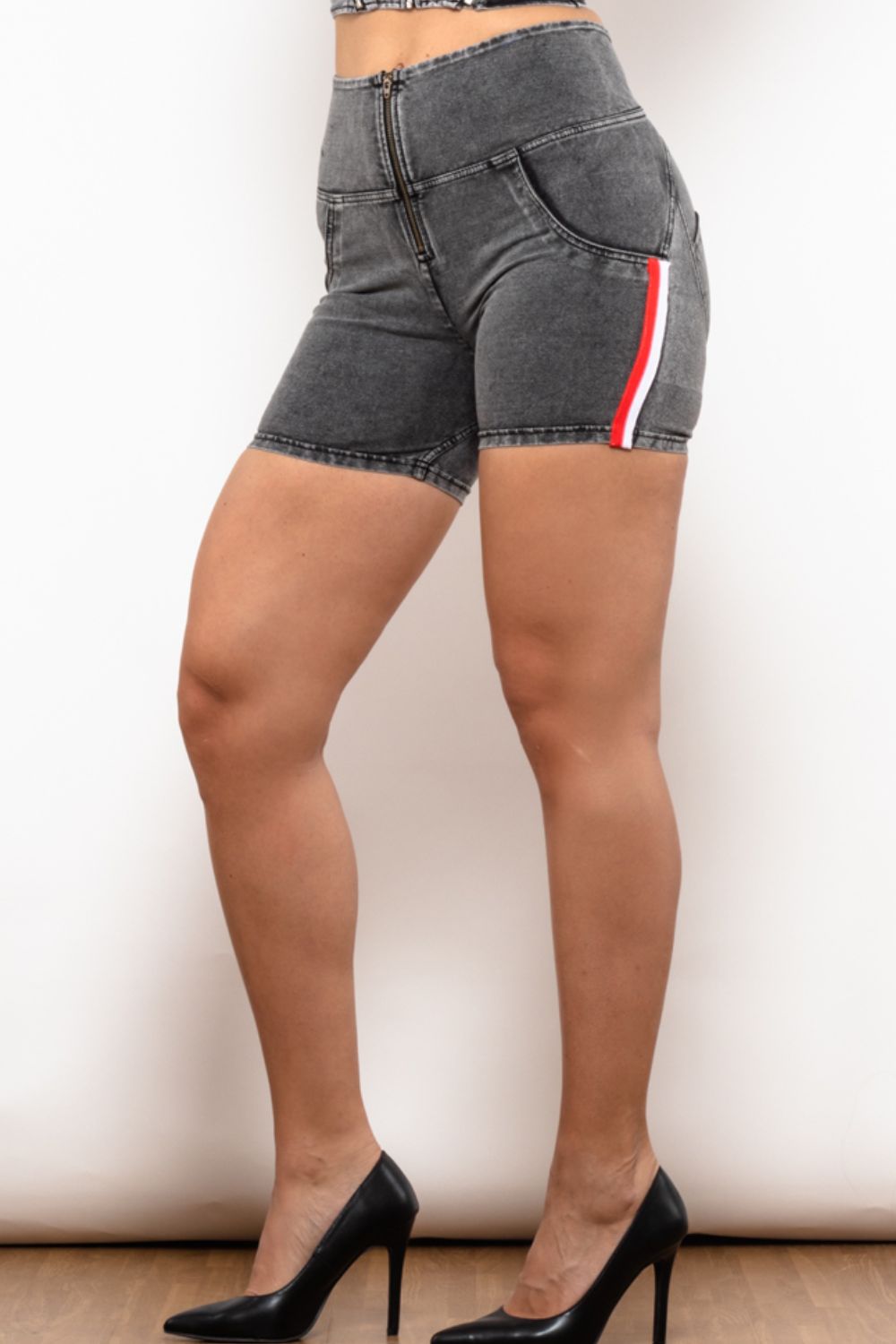 Full Size Side Stripe Zip Closure Denim Shorts-Teresa&#39;s Fashionista LLC