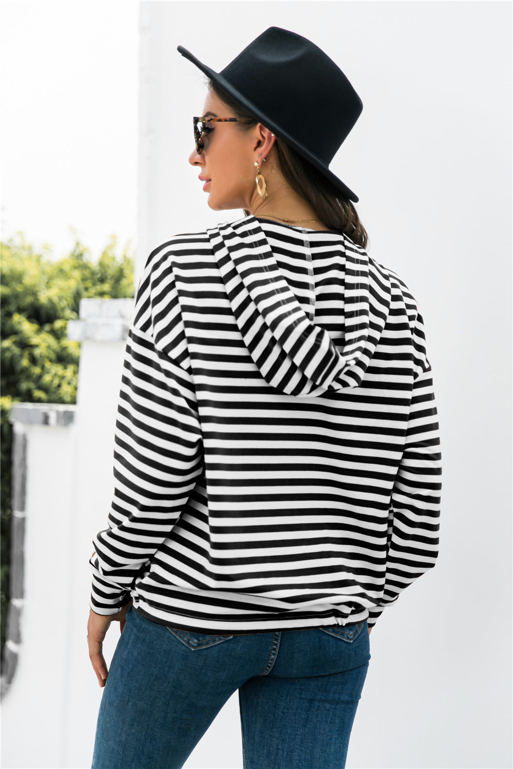 Striped Half-Button Dropped Shoulder Hoodie-Teresa&#39;s Fashionista LLC