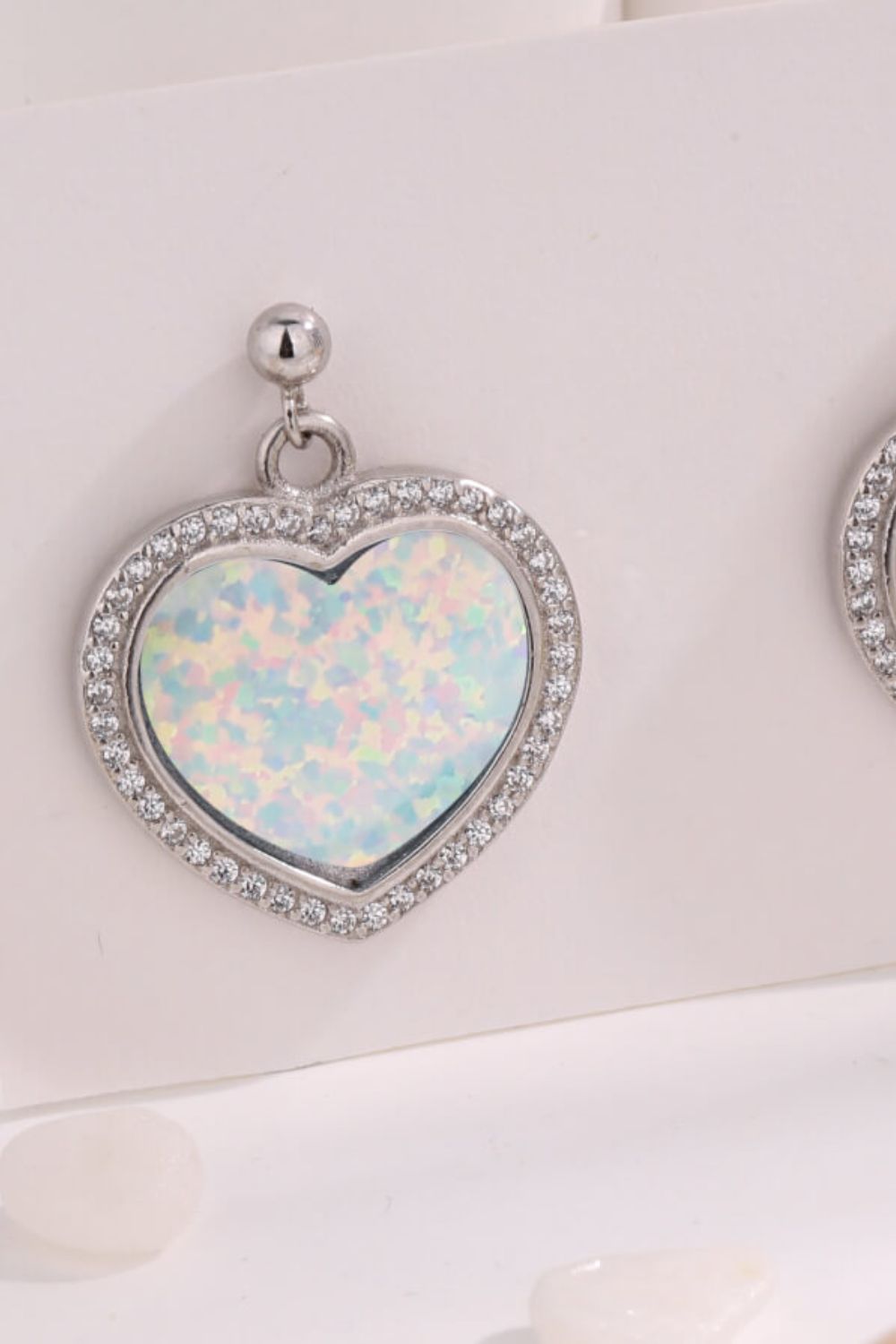 Platinum-Plated Opal Heart Earrings-Teresa&#39;s Fashionista LLC