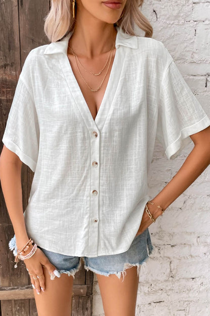 Button Front Johnny Collared Blouse-Teresa&#39;s Fashionista LLC