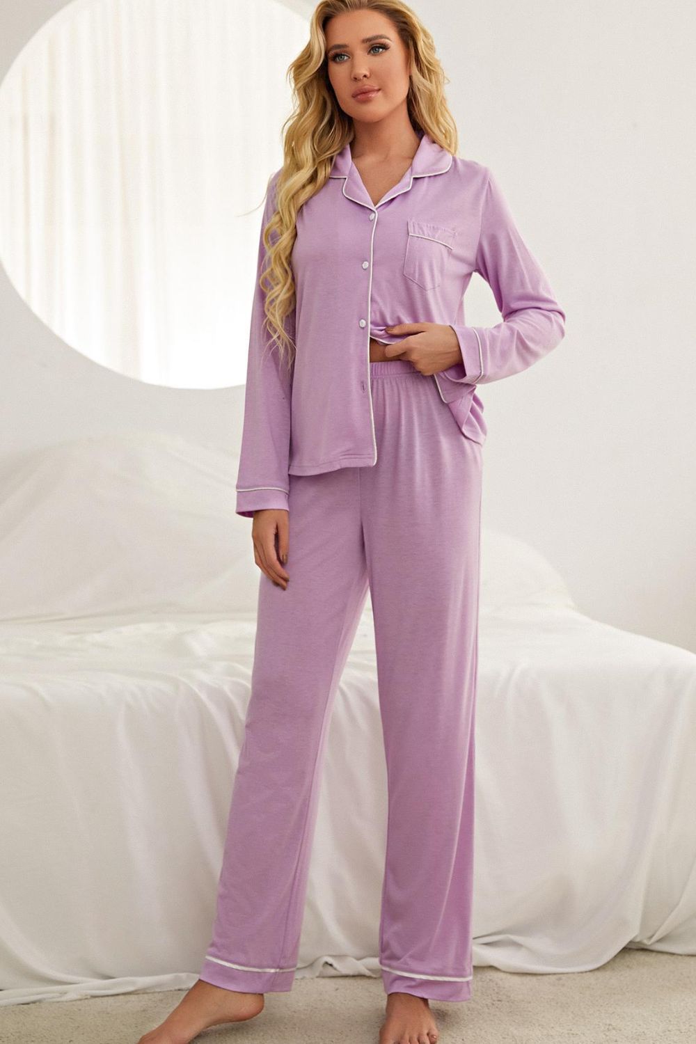 Contrast Piping Button Down Top and Pants Loungewear Set-Teresa&#39;s Fashionista LLC