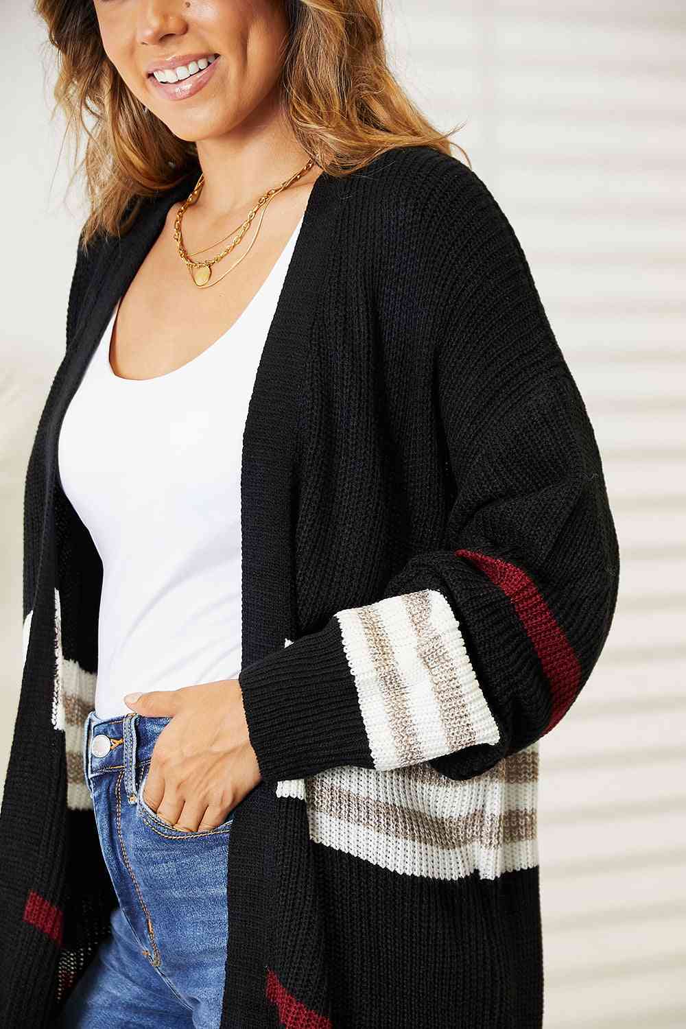 Double Take Striped Rib-Knit Drop Shoulder Open Front Cardigan-Teresa&#39;s Fashionista LLC