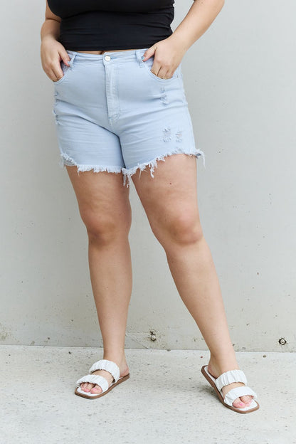 RISEN Katie Full Size High Waisted Distressed Shorts in Ice Blue-Teresa&#39;s Fashionista LLC