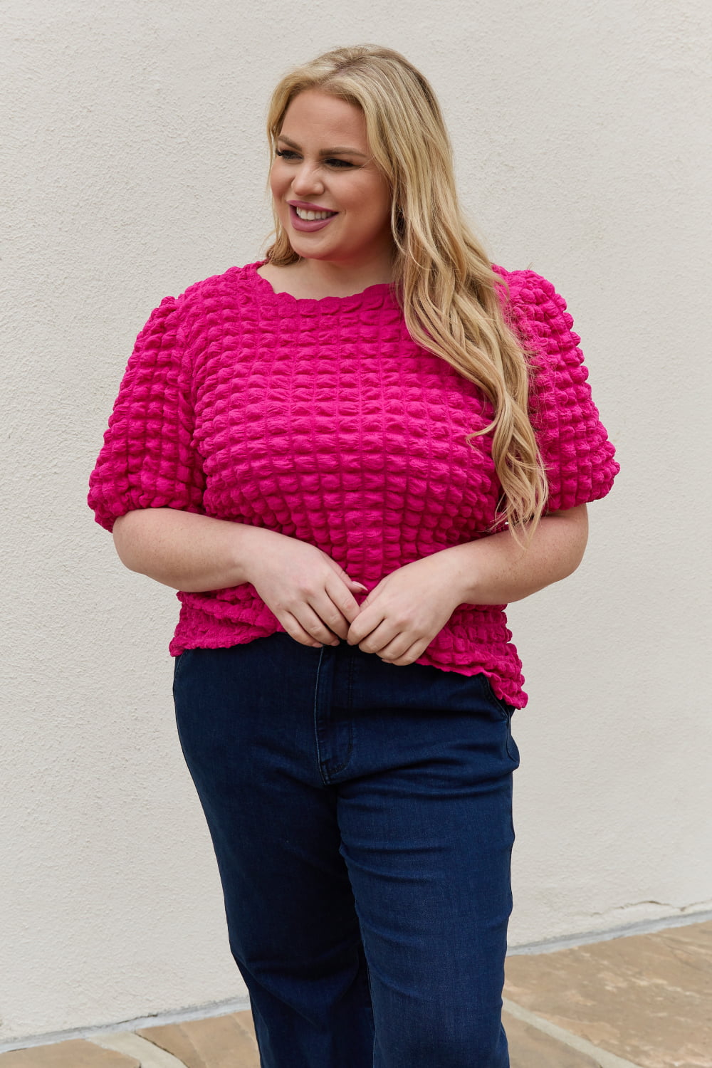 And The Why Full Size Bubble textured Puff Sleeve Top-Teresa&#39;s Fashionista LLC