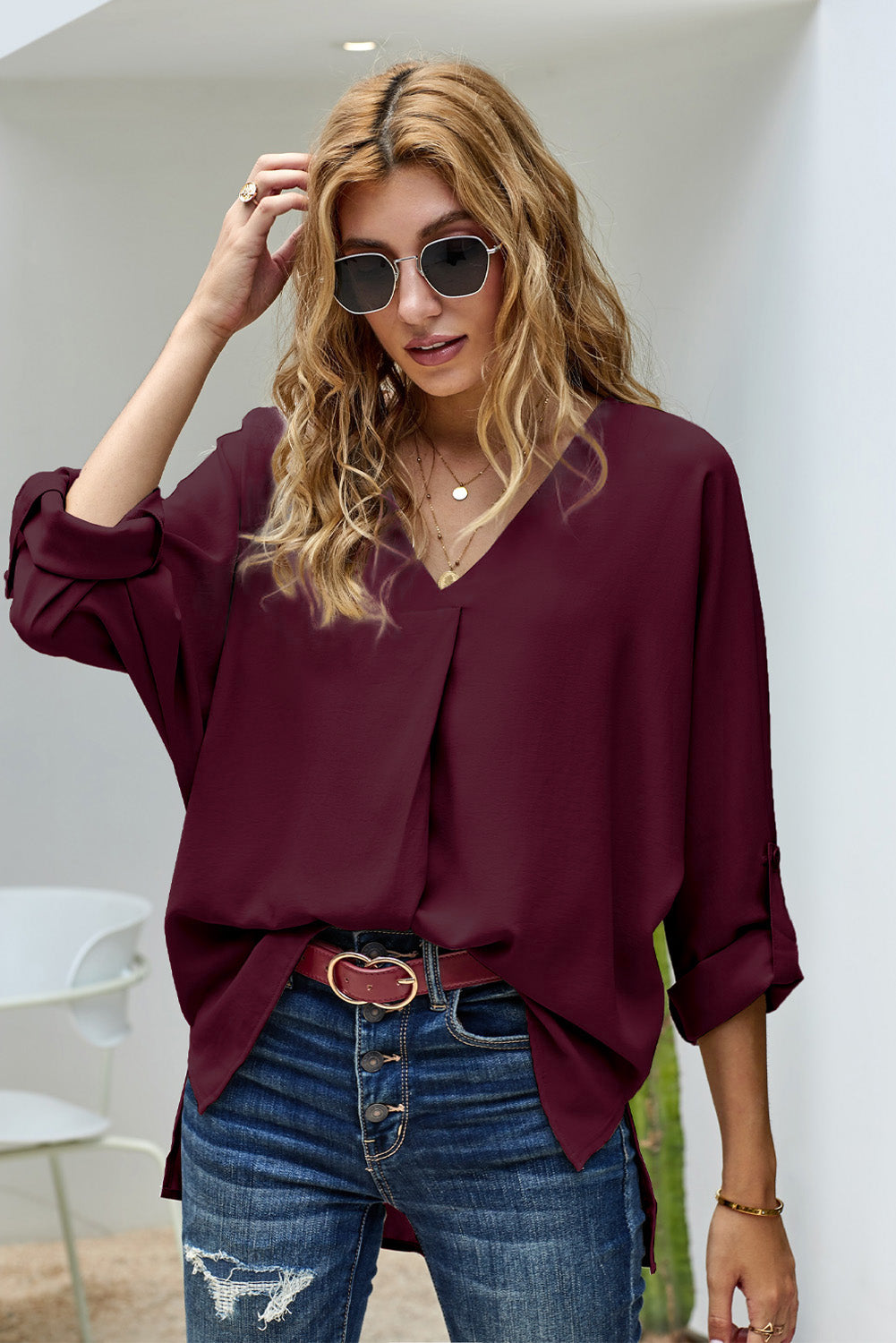 V-Neck Roll-Tab Sleeve Blouse-Teresa&#39;s Fashionista LLC